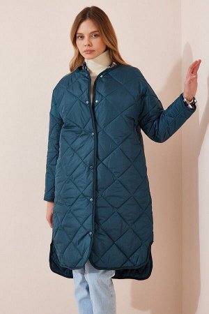 happinessistanbul Женское стеганое пальто большего размера петро-зеленого цвета FN02988