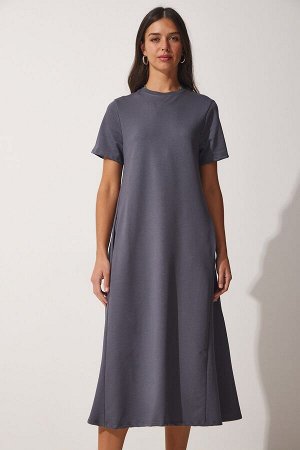 Женское летнее платье трапеции антрацитового цвета из чесаного хлопка UB00060