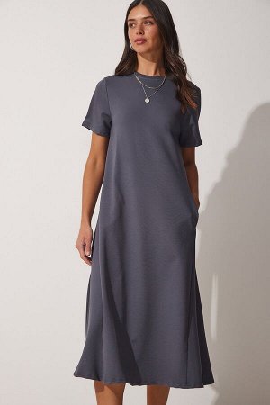 Женское летнее платье трапеции антрацитового цвета из чесаного хлопка UB00060