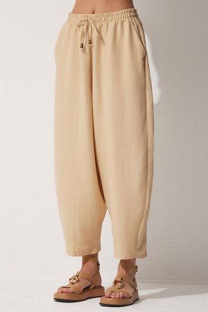 Женские яркие кремовые льняные брюки-шалвар из вискозы с карманами CV00001