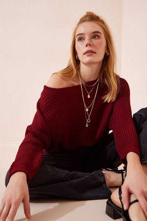 Женский бордовый длинный трикотажный свитер с вырезом «лодочка» ZA00067