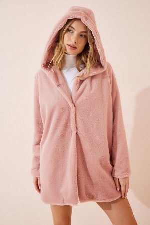 Женское розовое пальто из искусственного меха с капюшоном RV00082