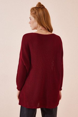 Женский бордовый длинный трикотажный свитер с вырезом «лодочка» ZA00067