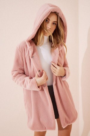happinessistanbul Женское розовое пальто из искусственного меха с капюшоном RV00082