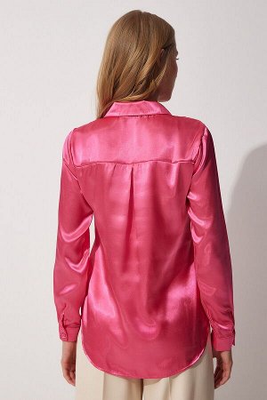 Женская ярко-розовая рубашка из атласа с легкой драпировкой DD00990