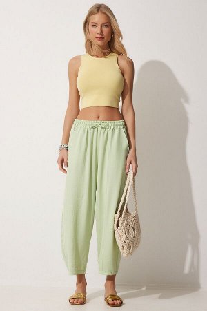 Женские льняные брюки-шалвар цвета водного зеленого цвета CI00036