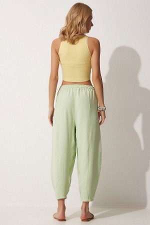 Женские льняные брюки-шалвар цвета водного зеленого цвета CI00036