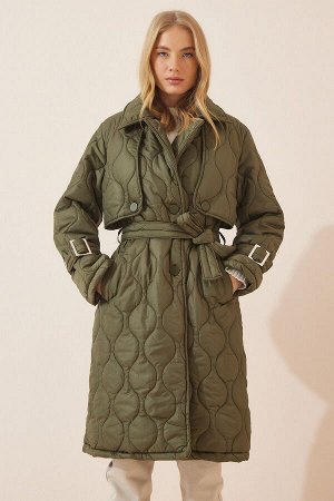 Женское стеганое пальто цвета хаки с воротником CV00027