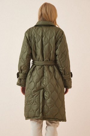 Женское стеганое пальто цвета хаки с воротником CV00027