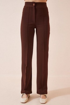 Женские коричневые удобные трикотажные брюки из лайкры с высокой талией RV00090