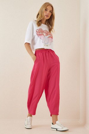 Женские темно-розовые льняные брюки-шалвар CI00036