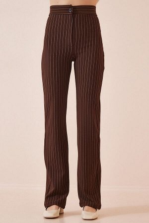 Женские коричневые брюки в полоску с завышенной талией RV00094