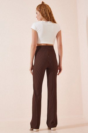 Женские коричневые брюки в полоску с завышенной талией RV00094