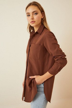Женская коричневая длинная рубашка-бойфренд из поплина BP00045