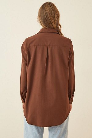 Женская коричневая длинная рубашка-бойфренд из поплина BP00045