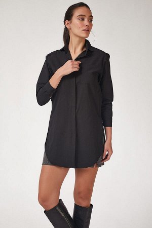 Женская черная длинная рубашка-бойфренд из поплина BP00045