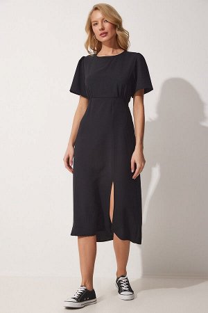 Женское черное летнее тканое платье с разрезом CR00411