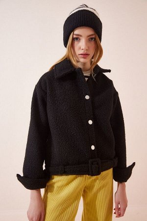 Женское черное полушерстяное пальто-букле TO00038