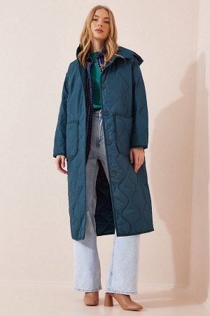 Женское стеганое пальто оверсайз с капюшоном петро-зеленого цвета FN02967