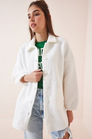 Женское белое пальто-букле оверсайз из смесовой шерсти DD01136