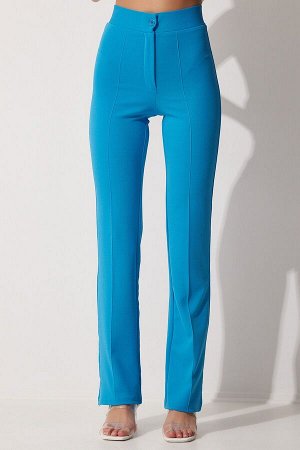 Женские удобные трикотажные брюки из лайкры синего цвета с высокой талией RV00090