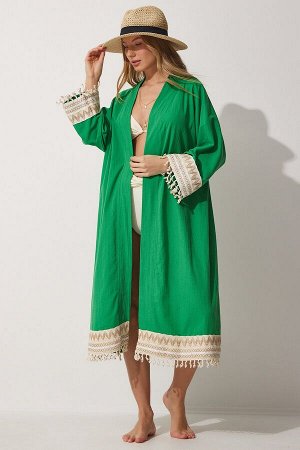 Женское зеленое гипюровое длинное льняное кимоно с кисточками OH00042