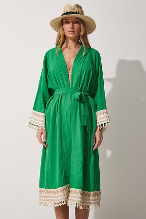 Женское зеленое гипюровое длинное льняное кимоно с кисточками OH00042