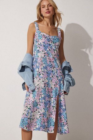 Женское розово-синее летнее вискозное платье с квадратным воротником и цветочным принтом DD01208