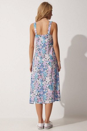 Женское розово-синее летнее вискозное платье с квадратным воротником и цветочным принтом DD01208