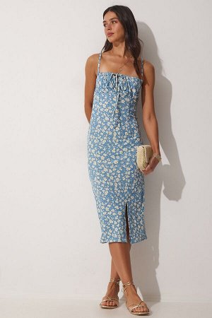 happinessistanbul Женское летнее трикотажное платье с разрезом и цветочным принтом небесно-голубого цвета CI00029