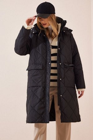 Женское черное стеганое пальто с капюшоном FN02999
