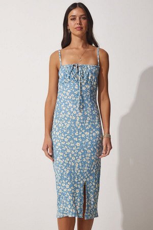 Женское летнее трикотажное платье с разрезом и цветочным принтом небесно-голубого цвета CI00029