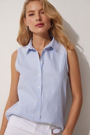 Женская сине-белая рубашка из поплина без рукавов в тонкую полоску HK00022
