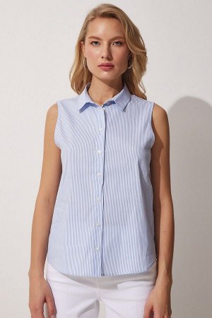 Женская сине-белая рубашка из поплина без рукавов в тонкую полоску HK00022