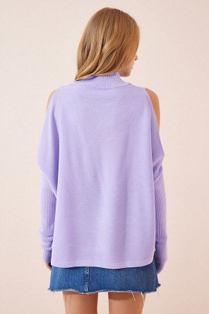 Женский сиреневый вязаный свитер оверсайз с вырезами AS00015