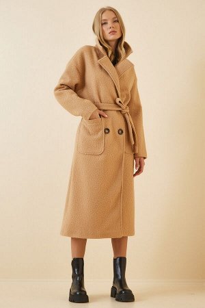 Женское светло-коричневое пальто-букле оверсайз с карманами TO00028