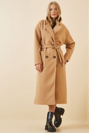Женское светло-коричневое пальто-букле оверсайз с карманами TO00028