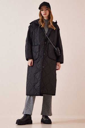 Женское черное стеганое пальто оверсайз с капюшоном FN02967