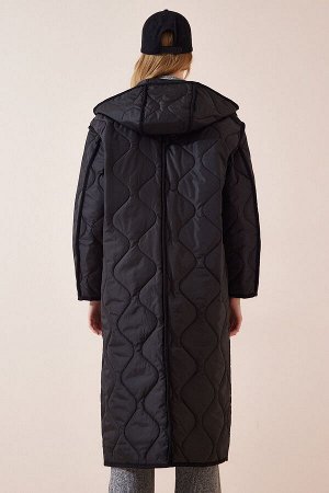 Женское черное стеганое пальто оверсайз с капюшоном FN02967