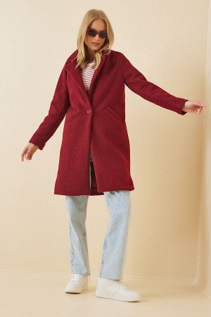 Женское бордовое пальто из смесовой шерсти из букле DD00770