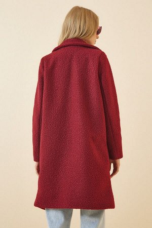 Женское бордовое пальто из смесовой шерсти из букле DD00770