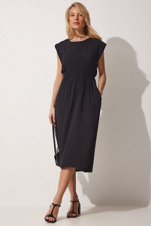 Женское черное летнее трикотажное платье со складками DE00022