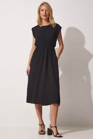 Женское черное летнее трикотажное платье со складками DE00022
