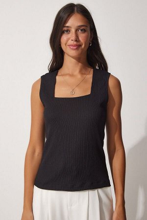Женская черная вязаная блузка с квадратным воротником DD01200