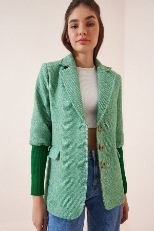 Женское зеленое длинное трикотажное кашемировое пальто с шалевым воротником и манжетами TO00036