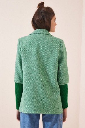 Женское зеленое длинное трикотажное кашемировое пальто с шалевым воротником и манжетами TO00036