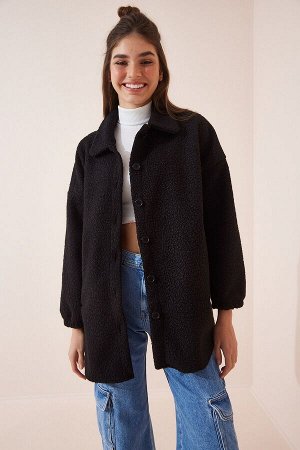Женское черное пальто из смесовой шерсти оверсайз из букле DD01136