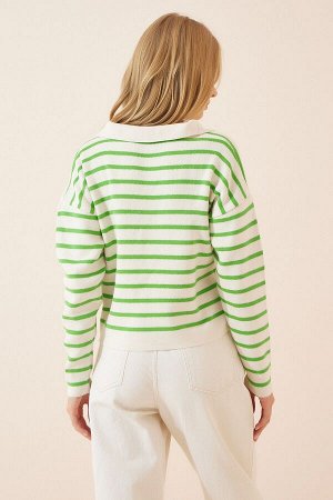 Женский укороченный трикотажный свитер зеленого цвета с воротником-поло US00293