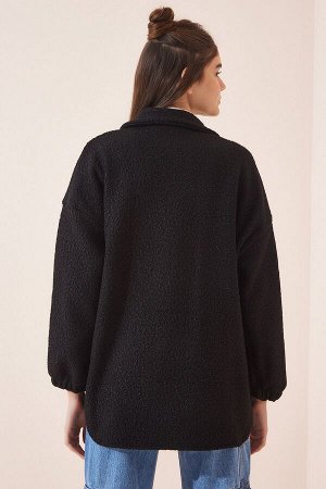 Женское черное пальто из смесовой шерсти оверсайз из букле DD01136