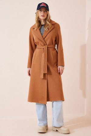 Женское светло-коричневое пальто с шалевым воротником цвета кешью FN02997